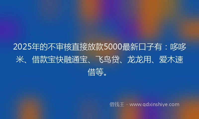 2025年的不审核直接放款5000最新口子有：哆哆米、借款宝快融通宝、飞鸟贷、龙龙用、爱木速借等。