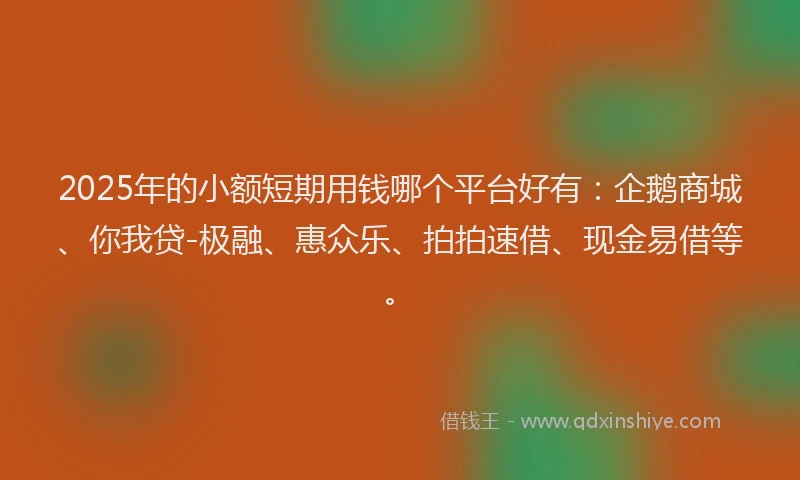 2025年的小额短期用钱哪个平台好有：企鹅商城、你我贷-极融、惠众乐、拍拍速借、现金易借等。