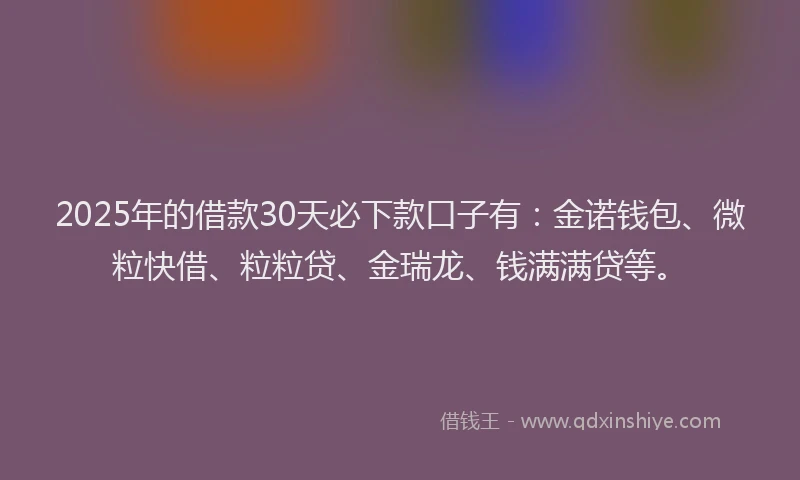 2025年的借款30天必下款口子有：金诺钱包、微粒快借、粒粒贷、金瑞龙、钱满满贷等。