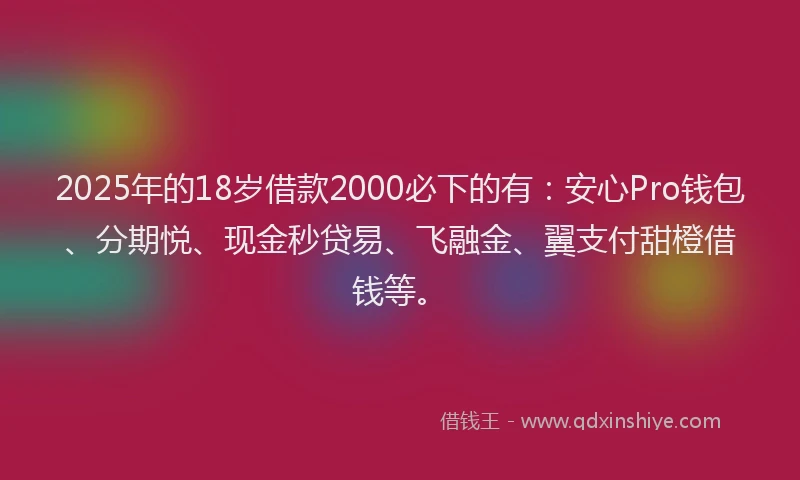 2025年的18岁借款2000必下的有：安心Pro钱包、分期悦、现金秒贷易、飞融金、翼支付甜橙借钱等。