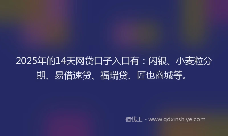 2025年的14天网贷口子入口有：闪银、小麦粒分期、易借速贷、福瑞贷、匠也商城等。