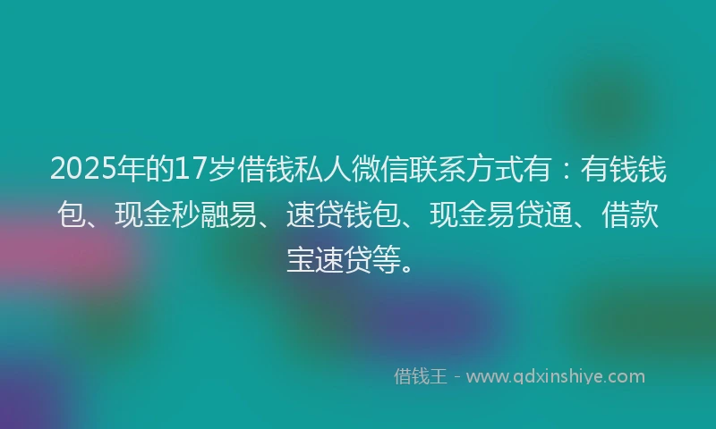 2025年的17岁借钱私人微信联系方式有：有钱钱包、现金秒融易、速贷钱包、现金易贷通、借款宝速贷等。