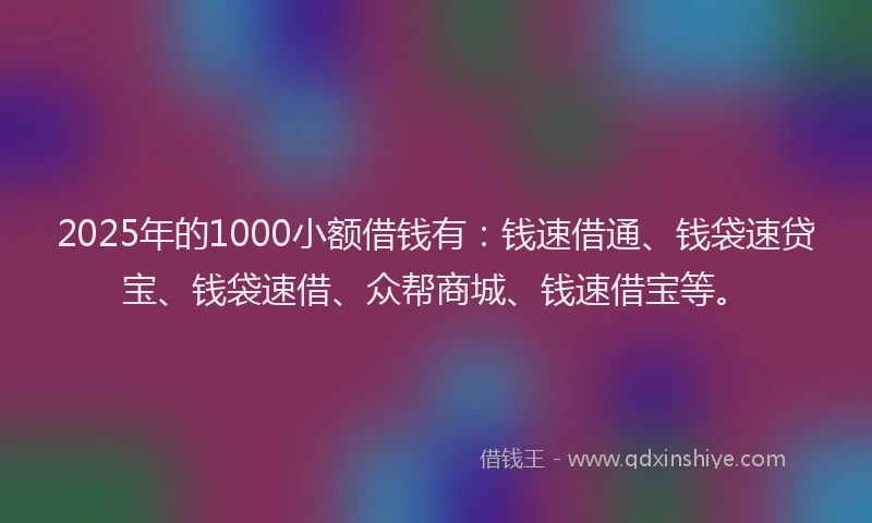 2025年的1000小额借钱有：钱速借通、钱袋速贷宝、钱袋速借、众帮商城、钱速借宝等。