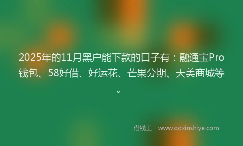 2025年的11月黑户能下款的口子有：融通宝Pro钱包、58好借、好运花、芒果分期、天美商城等。