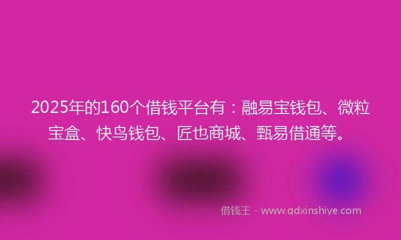 2025年的160个借钱平台有：融易宝钱包、微粒宝盒、快鸟钱包、匠也商城、甄易借通等。