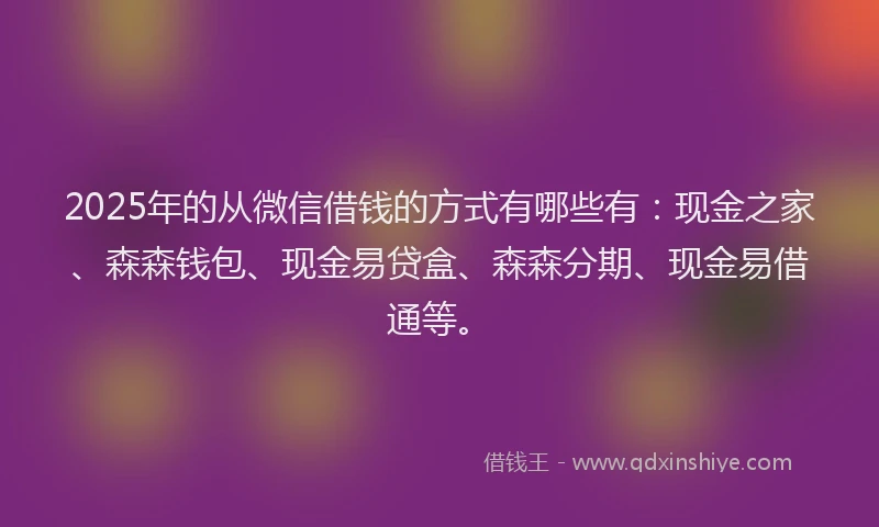 2025年的从微信借钱的方式有哪些有：现金之家、森森钱包、现金易贷盒、森森分期、现金易借通等。