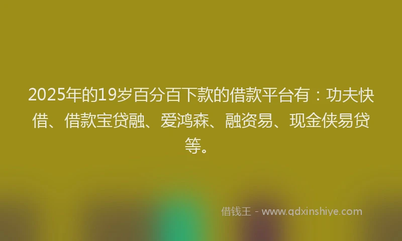 2025年的19岁百分百下款的借款平台有：功夫快借、借款宝贷融、爱鸿森、融资易、现金侠易贷等。