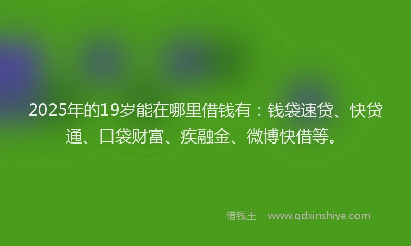 2025年的19岁能在哪里借钱有：钱袋速贷、快贷通、口袋财富、疾融金、微博快借等。