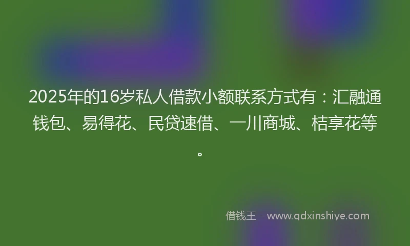 2025年的16岁私人借款小额联系方式有：汇融通钱包、易得花、民贷速借、一川商城、桔享花等。