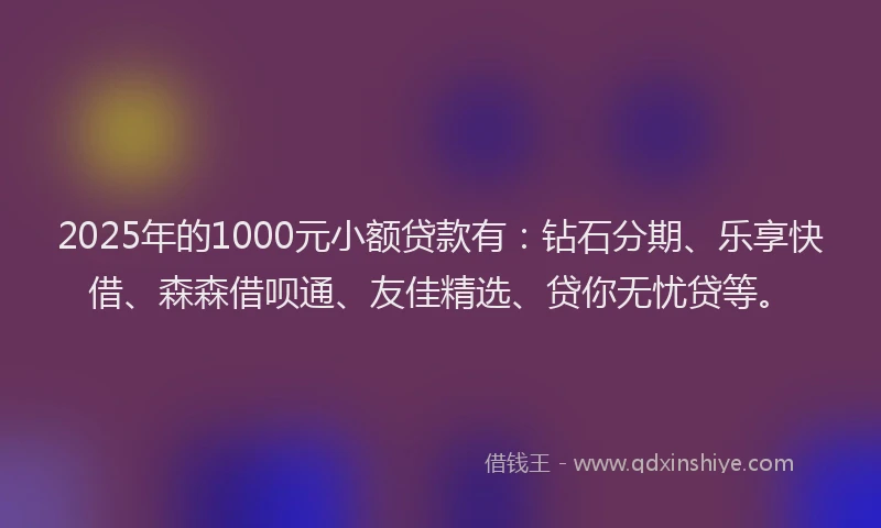 2025年的1000元小额贷款有：钻石分期、乐享快借、森森借呗通、友佳精选、贷你无忧贷等。