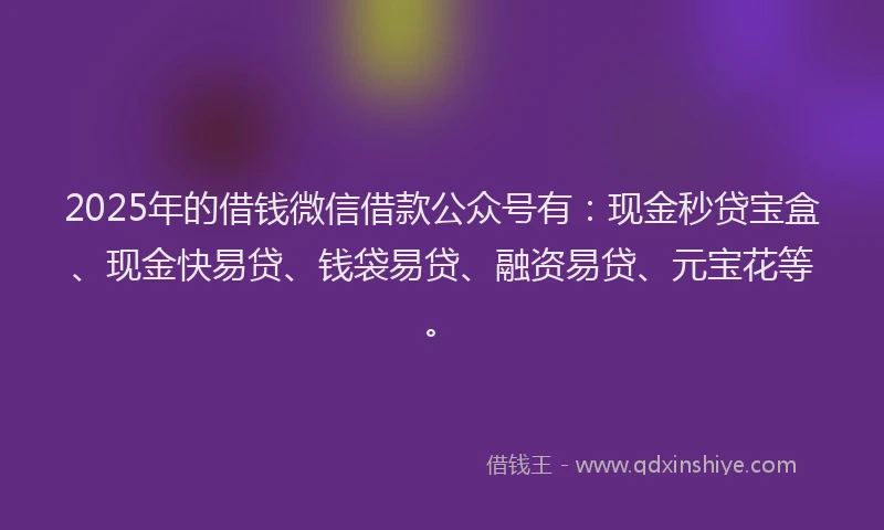 2025年的借钱微信借款公众号有：现金秒贷宝盒、现金快易贷、钱袋易贷、融资易贷、元宝花等。