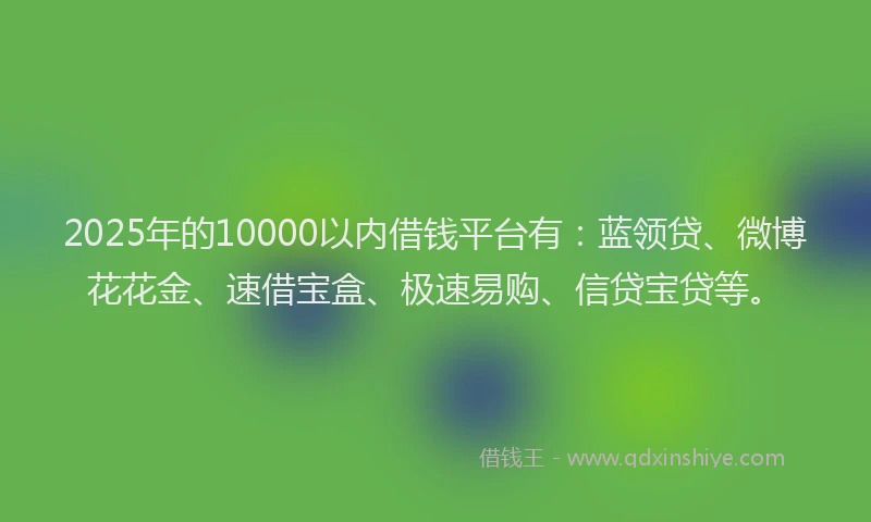 2025年的10000以内借钱平台有：蓝领贷、微博花花金、速借宝盒、极速易购、信贷宝贷等。