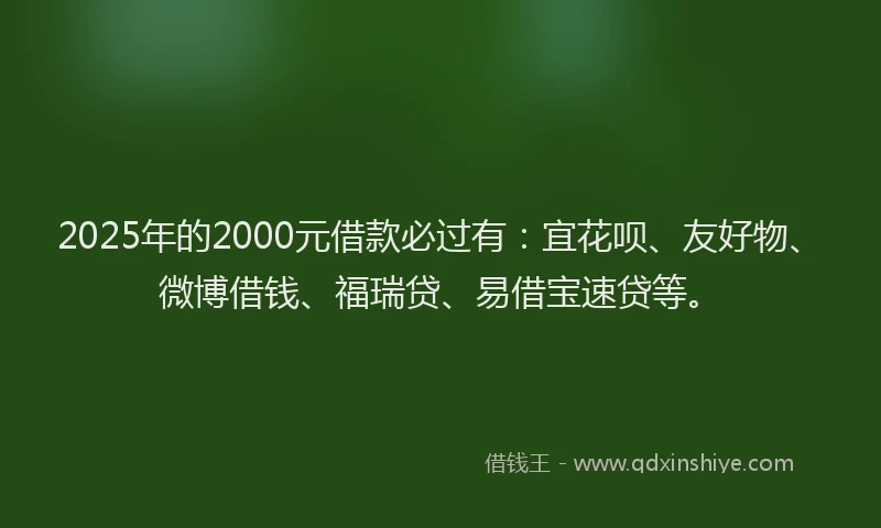 2025年的2000元借款必过有：宜花呗、友好物、微博借钱、福瑞贷、易借宝速贷等。