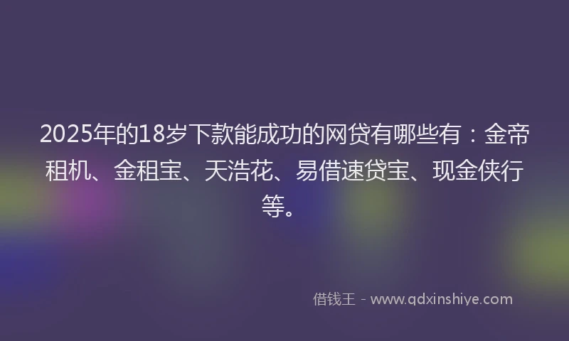 2025年的18岁下款能成功的网贷有哪些有：金帝租机、金租宝、天浩花、易借速贷宝、现金侠行等。