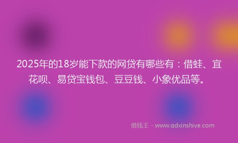 2025年的18岁能下款的网贷有哪些有：借蛙、宜花呗、易贷宝钱包、豆豆钱、小象优品等。