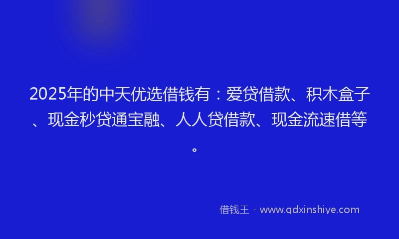 2025年的中天优选借钱有：爱贷借款、积木盒子、现金秒贷通宝融、人人贷借款、现金流速借等。