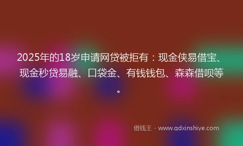 2025年的18岁申请网贷被拒有：现金侠易借宝、现金秒贷易融、口袋金、有钱钱包、森森借呗等。