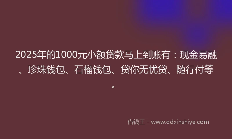 2025年的1000元小额贷款马上到账有：现金易融、珍珠钱包、石榴钱包、贷你无忧贷、随行付等。