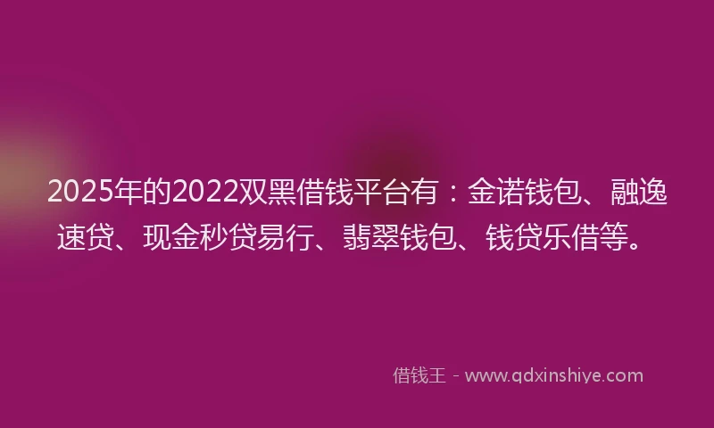 2025年的2022双黑借钱平台有：金诺钱包、融逸速贷、现金秒贷易行、翡翠钱包、钱贷乐借等。