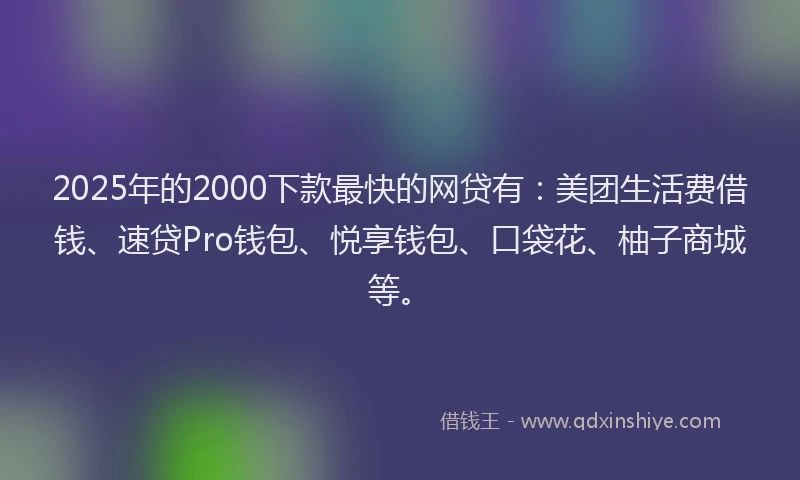 2025年的2000下款最快的网贷有：美团生活费借钱、速贷Pro钱包、悦享钱包、口袋花、柚子商城等。