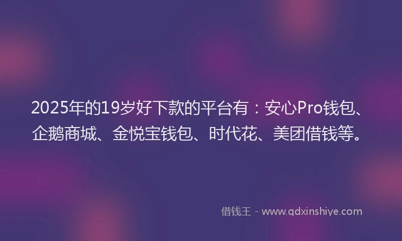 2025年的19岁好下款的平台有：安心Pro钱包、企鹅商城、金悦宝钱包、时代花、美团借钱等。