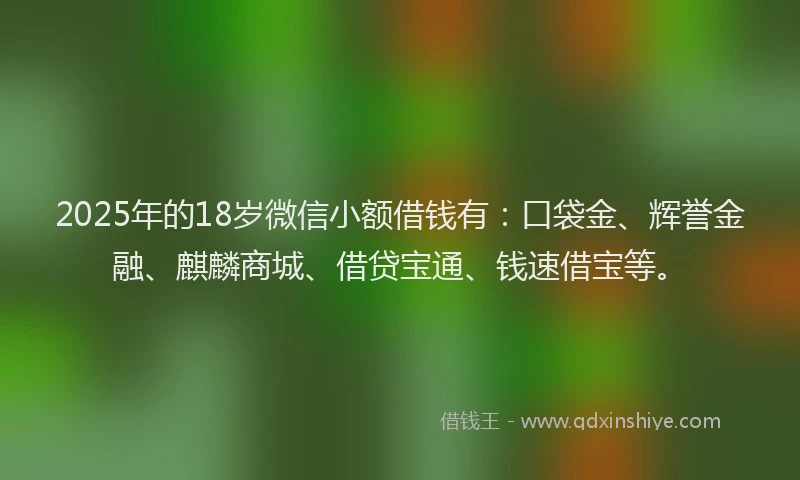 2025年的18岁微信小额借钱有：口袋金、辉誉金融、麒麟商城、借贷宝通、钱速借宝等。