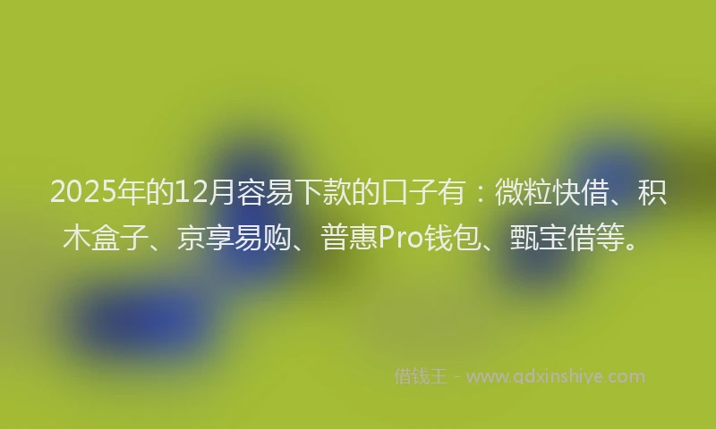 2025年的12月容易下款的口子有：微粒快借、积木盒子、京享易购、普惠Pro钱包、甄宝借等。
