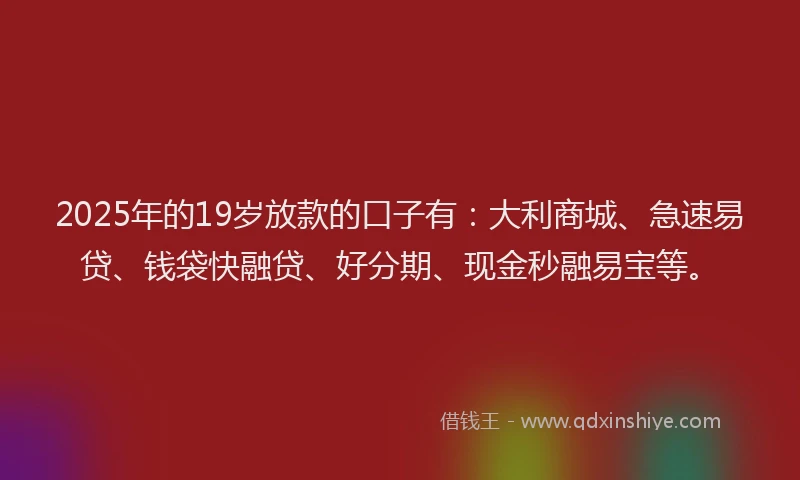 2025年的19岁放款的口子有：大利商城、急速易贷、钱袋快融贷、好分期、现金秒融易宝等。