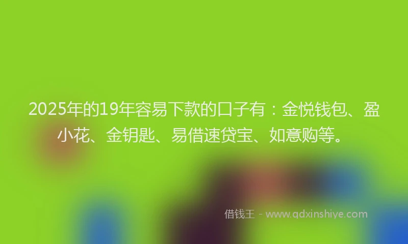 2025年的19年容易下款的口子有：金悦钱包、盈小花、金钥匙、易借速贷宝、如意购等。