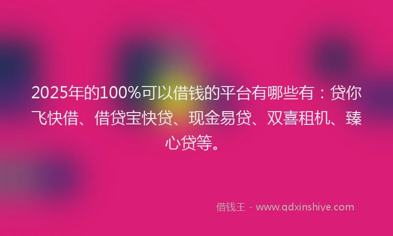 2025年的100%可以借钱的平台有哪些有：贷你飞快借、借贷宝快贷、现金易贷、双喜租机、臻心贷等。