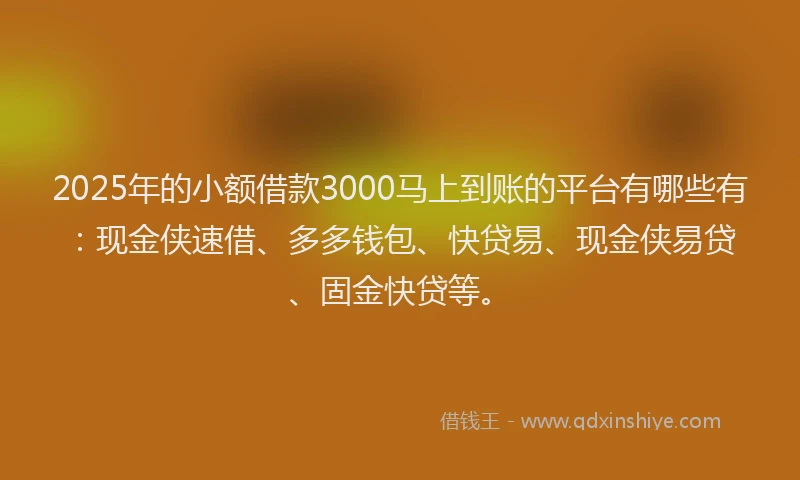 2025年的小额借款3000马上到账的平台有哪些有：现金侠速借、多多钱包、快贷易、现金侠易贷、固金快贷等。