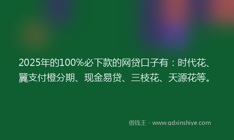 2025年的100%必下款的网贷口子有：时代花、翼支付橙分期、现金易贷、三枝花、天源花等。