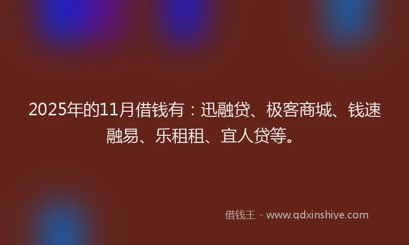 2025年的11月借钱有：迅融贷、极客商城、钱速融易、乐租租、宜人贷等。