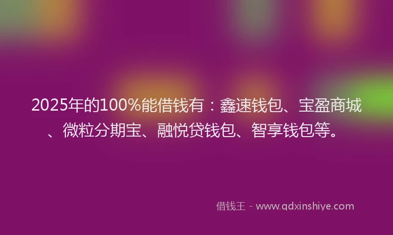 2025年的100%能借钱有：鑫速钱包、宝盈商城、微粒分期宝、融悦贷钱包、智享钱包等。