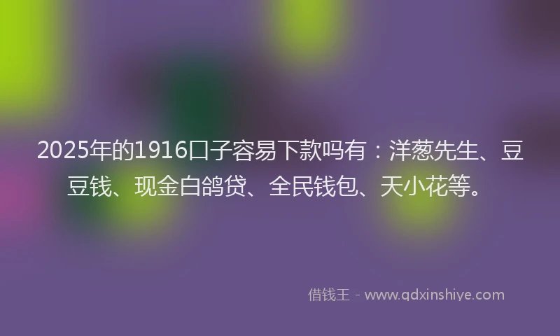 2025年的1916口子容易下款吗有：洋葱先生、豆豆钱、现金白鸽贷、全民钱包、天小花等。