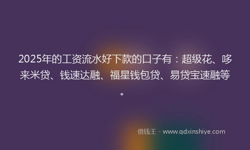 2025年的工资流水好下款的口子有：超级花、哆来米贷、钱速达融、福星钱包贷、易贷宝速融等。