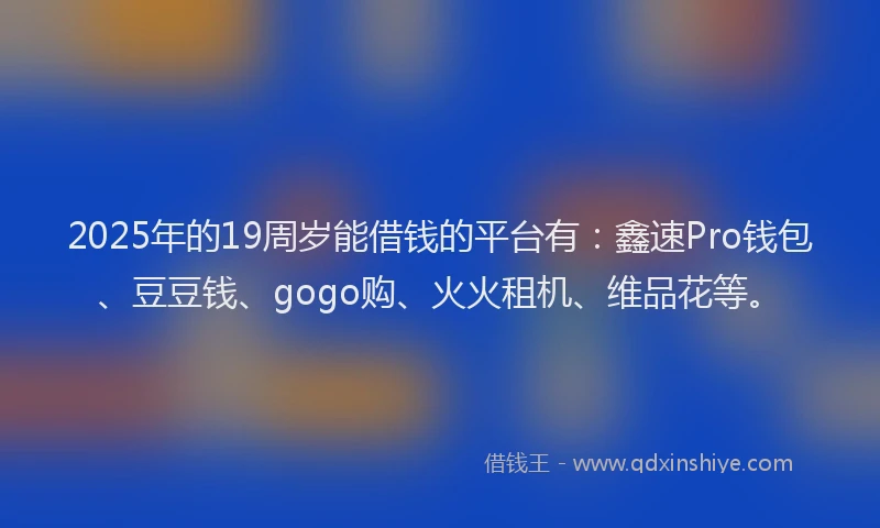 2025年的19周岁能借钱的平台有：鑫速Pro钱包、豆豆钱、gogo购、火火租机、维品花等。