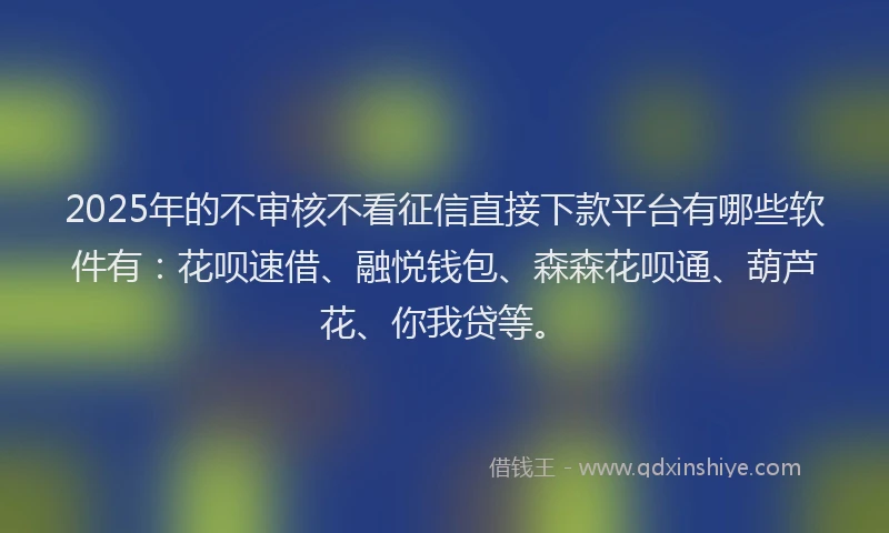 2025年的不审核不看征信直接下款平台有哪些软件有：花呗速借、融悦钱包、森森花呗通、葫芦花、你我贷等。