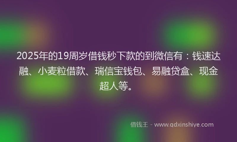 2025年的19周岁借钱秒下款的到微信有：钱速达融、小麦粒借款、瑞信宝钱包、易融贷盒、现金超人等。