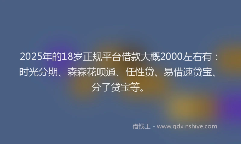2025年的18岁正规平台借款大概2000左右有：时光分期、森森花呗通、任性贷、易借速贷宝、分子贷宝等。