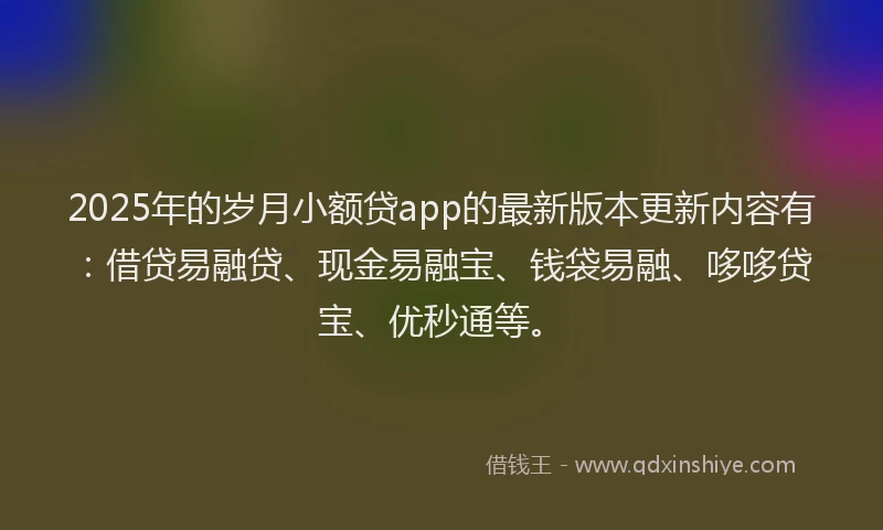 2025年的岁月小额贷app的最新版本更新内容有：借贷易融贷、现金易融宝、钱袋易融、哆哆贷宝、优秒通等。