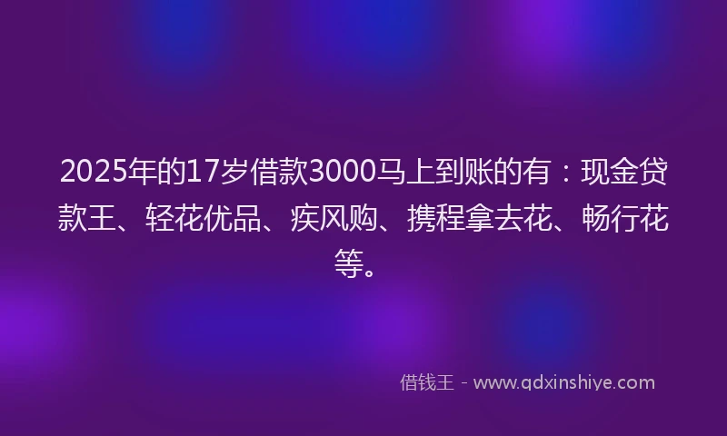2025年的17岁借款3000马上到账的有：现金贷款王、轻花优品、疾风购、携程拿去花、畅行花等。