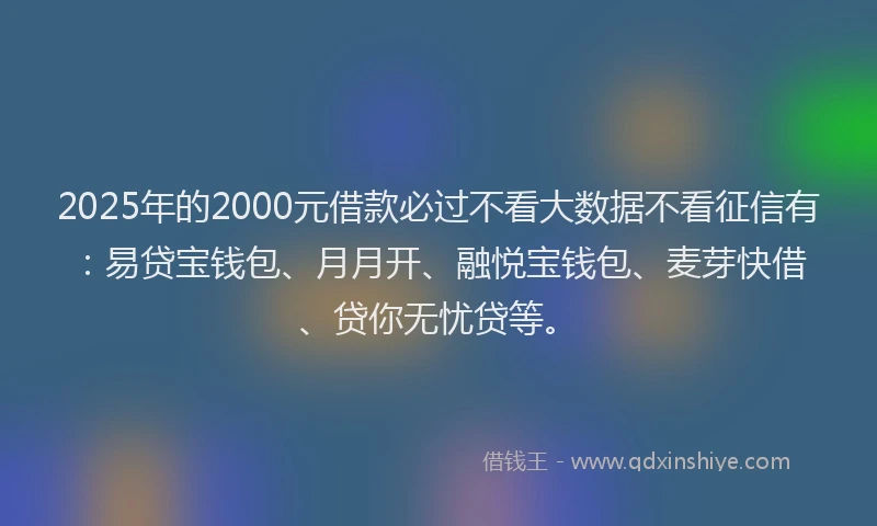 2025年的2000元借款必过不看大数据不看征信有：易贷宝钱包、月月开、融悦宝钱包、麦芽快借、贷你无忧贷等。