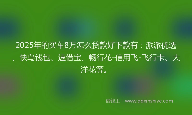 2025年的买车8万怎么贷款好下款有：派派优选、快鸟钱包、速借宝、畅行花-信用飞-飞行卡、大洋花等。