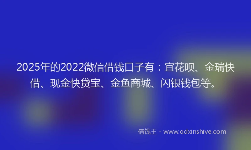 2025年的2022微信借钱口子有：宜花呗、金瑞快借、现金快贷宝、金鱼商城、闪银钱包等。