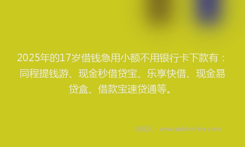 2025年的17岁借钱急用小额不用银行卡下款有：同程提钱游、现金秒借贷宝、乐享快借、现金易贷盒、借款宝速贷通等。