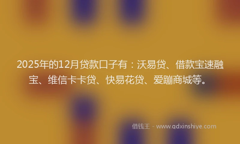 2025年的12月贷款口子有：沃易贷、借款宝速融宝、维信卡卡贷、快易花贷、爱蹦商城等。