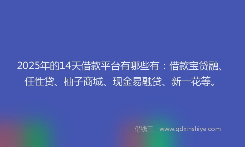 2025年的14天借款平台有哪些有：借款宝贷融、任性贷、柚子商城、现金易融贷、新一花等。