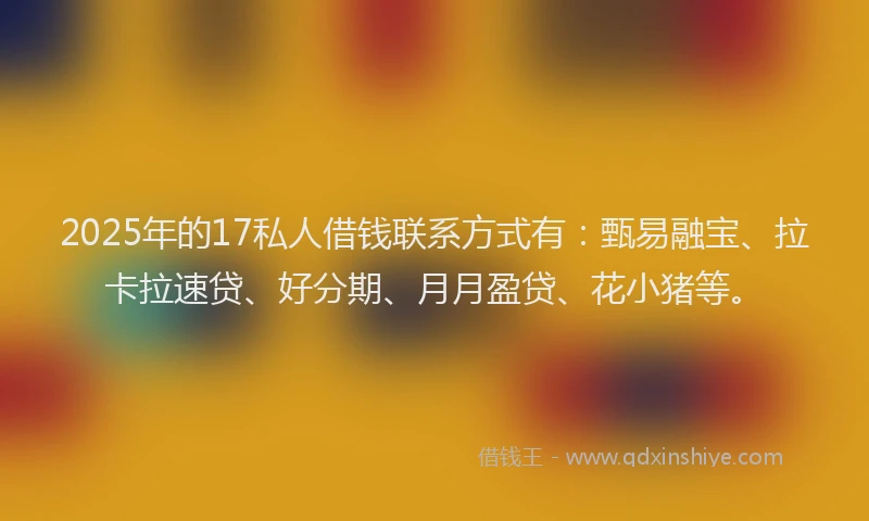 2025年的17私人借钱联系方式有：甄易融宝、拉卡拉速贷、好分期、月月盈贷、花小猪等。