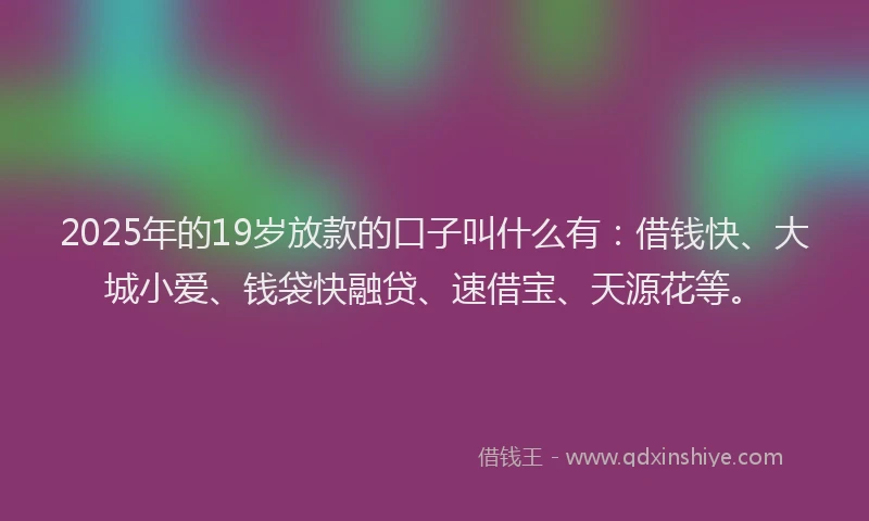 2025年的19岁放款的口子叫什么有：借钱快、大城小爱、钱袋快融贷、速借宝、天源花等。
